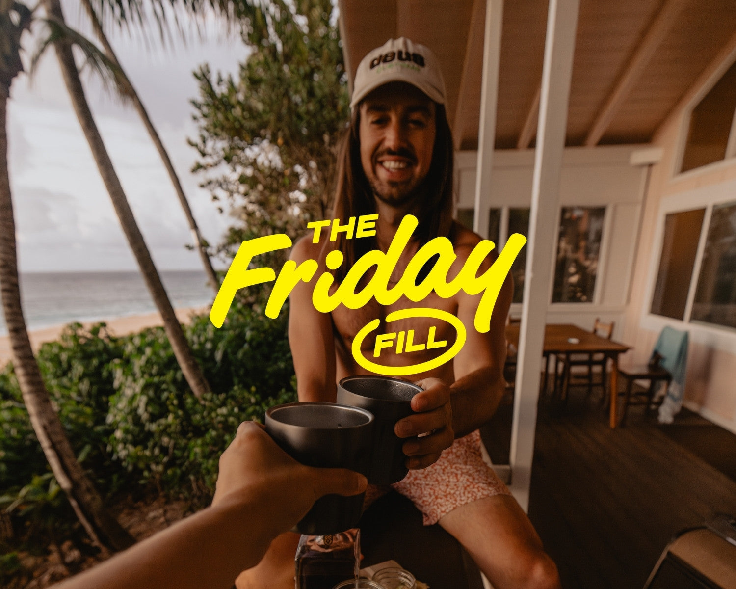 Get the Friday Fill - Episode 3, Fresh Watermelon Margarita. Two friends cheersing at the beach.