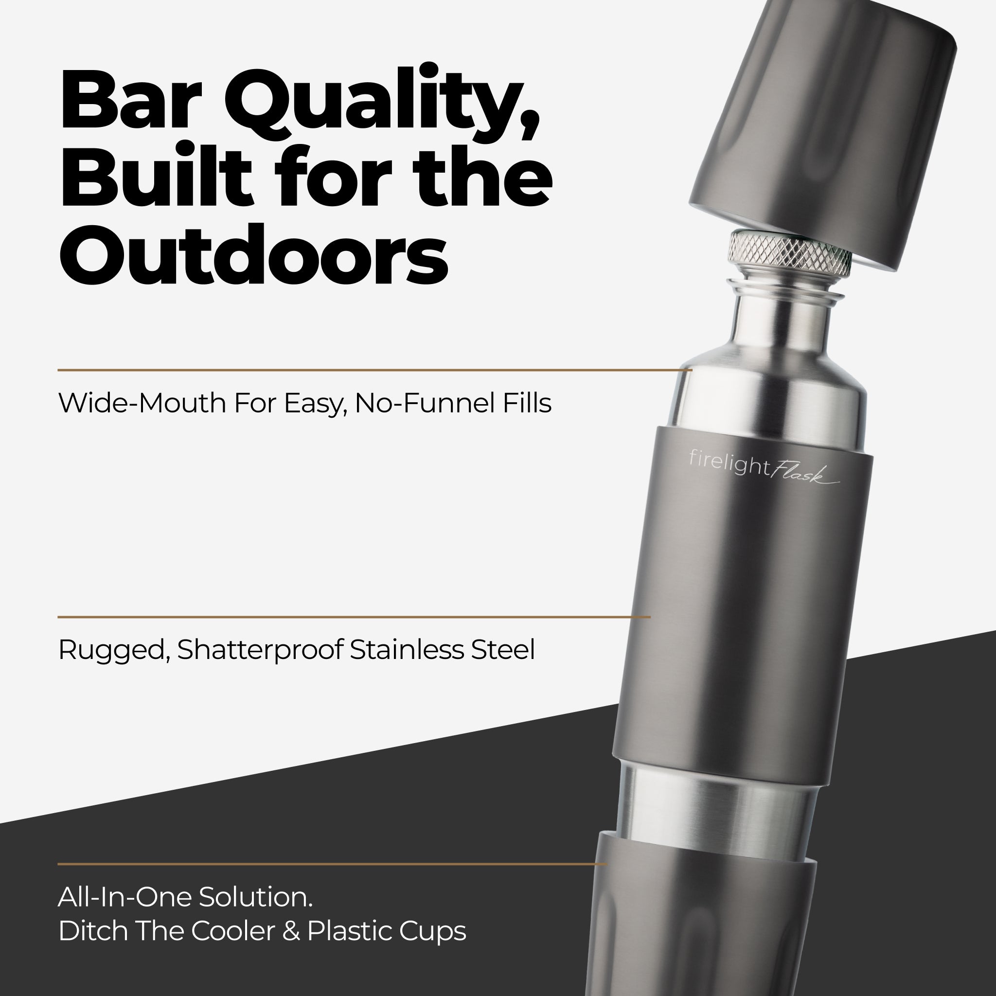 Gunmetal Firelight Flask with text highlighting features on a white background