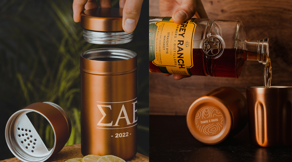 Custom engraved cocktail shakers, flasks and tumblers make for the perfect gift for graduates, groomsman, and dads